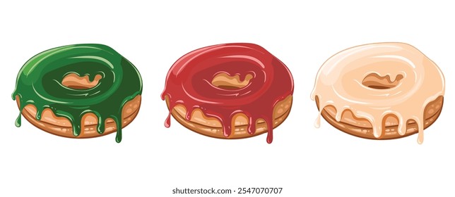 Set of Christmas donut. Xmas sweet pastry in New Year colors with drops of glaze. Isolated traditional holiday sweet bakery. Vector illustration.