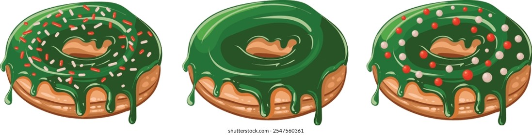 Set of Christmas donut. Xmas sweet pastry in New Year colors with drops of glaze. Isolated traditional holiday sweet bakery. Vector illustration.