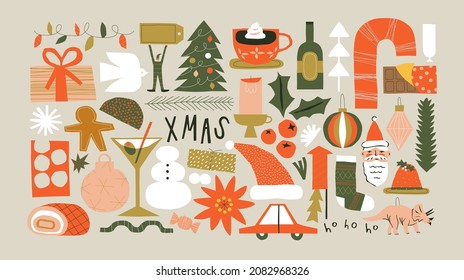 Set christmas doodle   abstract xmas icons isolated background  Quirky holiday collection  retro shapes in funny cartoon art style  Includes santa claus  pine tree   ornament bundle 