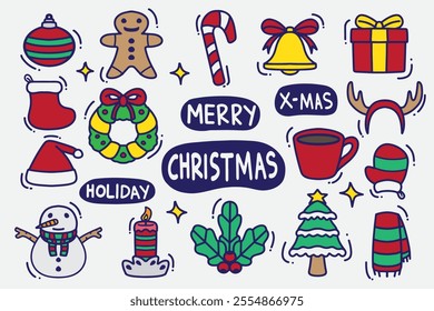 set of christmas doodle color good for background, element design, icons, etc