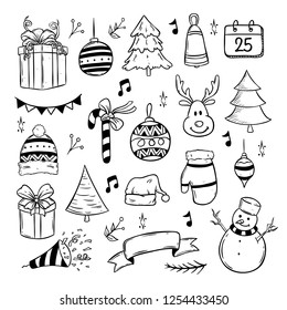 set of christmas doodle elements in black and white color