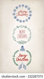 Set of Christmas  doodle  hand drawn frames with greeting text on paper background