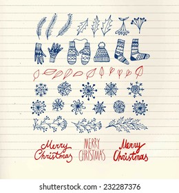 Set of Christmas  doodle  hand drawn design elements with greeting text on paper background