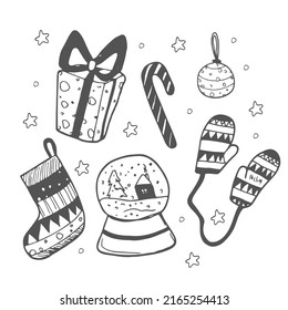 Set of Christmas doodle sketch isolated on white. Vector illustration
