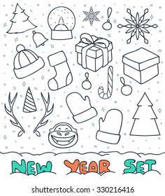 Set of Christmas doodle sketch of objects for compositions and design. Snow sphere and gift. Christmas tree decoration and mittens. Cervine horns and conical cap. Symbol of 2016 year - the Monkey