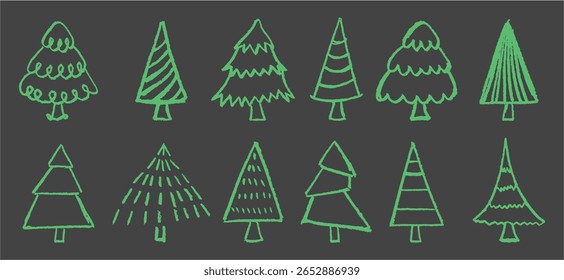 Set of Christmas doodle spruce tree drawn by children with green wax on blackboard. Great for kid school projects. Kindergarten style vector with squiggle, chalkboard texture and charcoal lines.