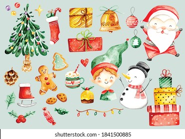 Set Of Christmas Doodle Water Color Style Vector Illustration