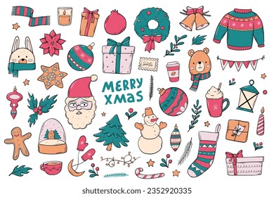 set of Christmas doodles, cartoon elements, clip art for stickers, prints, sublimation, signs, cards, posters, etc. EPS 10
