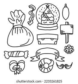 Set of christmas doodles element bundle. christmas tree, sack, sock, decoration, christmas ball, beer, star, christmas globes