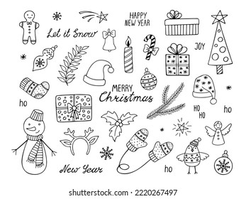 Set von Weihnachtsdoodles-Elementen einzeln auf weißem Hintergrund. Handgezeichneter Schneemann, Geschenkbox, Weihnachtsbaum, Glocke, Engel und handgeschriebene neue Jahreswörter.