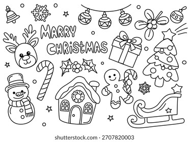 Un conjunto de garabatos de Navidades con decoración festiva, regalos, muñeco de nieve, un trineo, galletas de jengibre y un reno. Esta ilustración navideña dibujada a mano simboliza la temporada festiva y el espíritu alegre