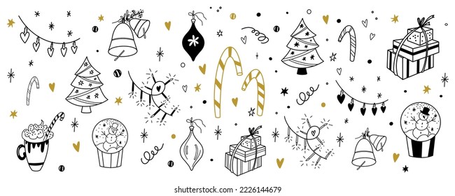 Set of Christmas doodles. New Year vector illustrations in line style. Naive and simple. Christmas garlands, snow globe, Christmas tree, gifts, candies, bells and balls.