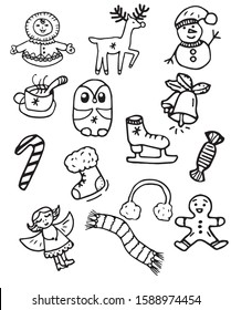 Set of Christmas doodles. New Year's symbols, toys, sweets, clothes. The drawing is drawn in black by hand and processed in a graphics program. Vector illustration.