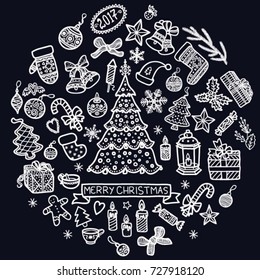 Set of Christmas doodles on black background. Hand drawn vector illustration