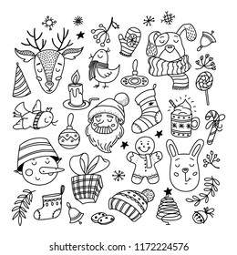 Set of Christmas doodles - Santa, deer, snowman, dog and bunny, objects, decorations, vector illustration isolated on white background. Collection of Chrismas doodles - characters, presents, objects