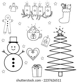 Set of Christmas doodles - snowmen, wreath with candles, angel, Santa's sock with gifts, gingerbread cookies, a cup of cocoa, and a Christmas tree. Hand-drawn vector cartoon. Suitable for holiday desi