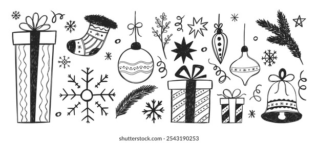 Set of Christmas doodles of star, present box, bell, snowflake with crayon or pencil texture. Hand drawn vector illustration on a white background.
