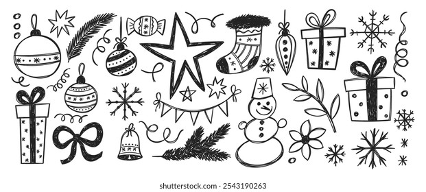 Set of Christmas doodles of star, present box, snowman, snowflake with crayon texture. Hand drawn vector illustration on a white background.