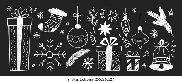 Conjunto de Navidades doodles de estrella, caja presente, campana, copo de nieve con textura de lápiz o crayón. Ilustración vectorial dibujada a mano blanca en una pizarra.