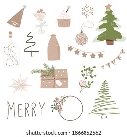 set of Christmas drawings in the Scandinavian style. print for the design of posters, cards, prints. New Year isolated vector elements on white background.
