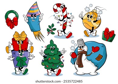 Set von weihnachtlich gezeichneten Cartoon-Figuren von Geschenken, Schneemann, Ball, Lollipop, Feuerwerk und Weihnachtsbaum