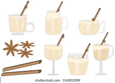 Set Of Christmas Drink Egg Nog. Glasses Winter Drink Of Egg-nog With A Cinnamon Stick. Egg Nog Isolated On White Background. Tasty Holiday Drinks. Christmas Party Drink. Vector Illustration