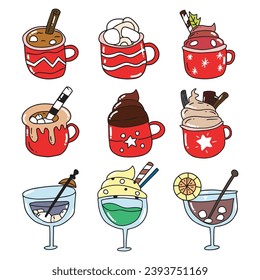set of christmas drink on winter season. red christmas