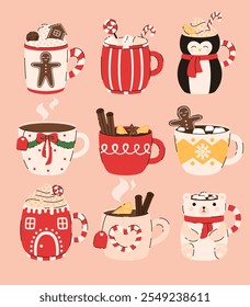 Set of Christmas drinks. Christmas cups of cocoa with marshmallows, hot chocolate, tea with lemon and cinnamon. Flat vector illustration.