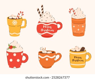 Set of Christmas drinks. Cups of coffee and hot chocolate. Flat vector illustration.