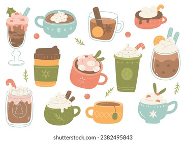 Set of Christmas Drinks Doodle in Flat Style Illustration