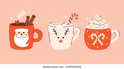 Conjunto de bebidas de Natal. Chocolate quente, cacau, chá, marshmallows, canela, especiarias. Ilustração de vetor plano.