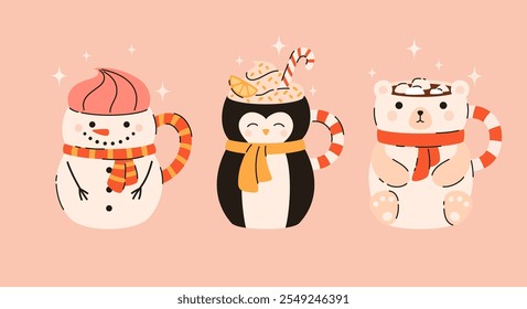 Conjunto de bebidas de Natal. Chocolate quente, cacau, chá, marshmallows, canela, especiarias. Ilustração de vetor plano.