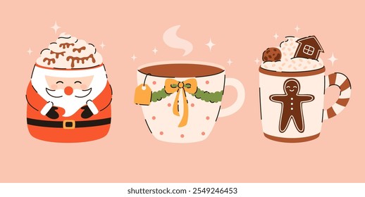 Set of Christmas drinks. Hot chocolate, cocoa, tea, marshmallows, cinnamon, spices. Flat vector illustration.