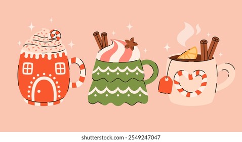 Conjunto de bebidas de Natal. Chocolate quente, cacau, chá, marshmallows, canela, especiarias. Ilustração de vetor plano.