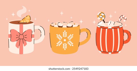 Conjunto de bebidas de Natal. Chocolate quente, cacau, chá, marshmallows, canela, especiarias. Ilustração de vetor plano.