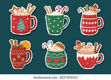 Set of Christmas drinks stickers isolated on blue background. Sustainable Christmas concept. Christmas treat.