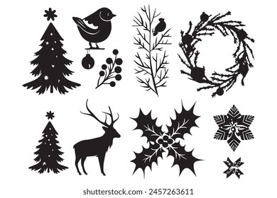 set of christmas element black silhouette