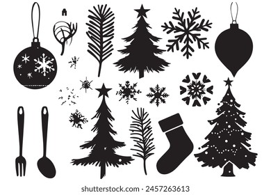 set of christmas element black silhouette