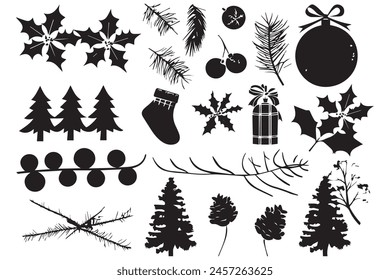 set of christmas element black silhouette