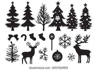 set of christmas element black silhouette vector