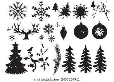 set of christmas element black silhouette vector