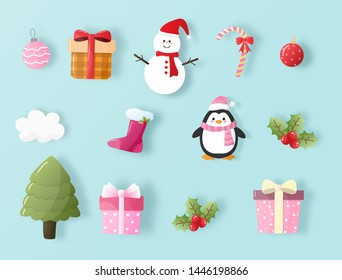 Set of Christmas element in cartoon design for card, postcard, wallpaper and background vector illustration.