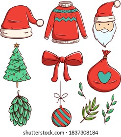 set of christmas element or decoration with hand drawn style