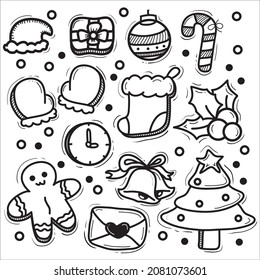 Set of Christmas Element icon doodles vector hand drawn. Black and White illustration.