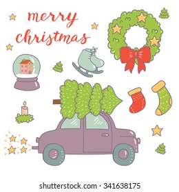 Set of Christmas element for invitation, greeting card. Merry christmas, flashlights, stocking, Christmas tree,  star, skates