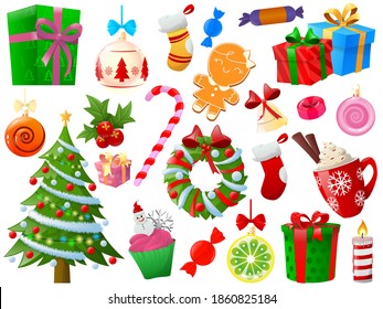 Set of Christmas element. Christmas objects isolated on white, christmas tree, santa, gifts, toys, ball, candel, sweet. Christmas and New Year elements for decor. Vector illustration