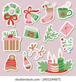 Set of Christmas element. Christmas objects isolated on white, christmas tree, santa, gifts, toys, ball, candel, sweet. Christmas and New Year elements for decor. Vector illustration
