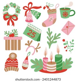 Set of Christmas element. Christmas objects isolated on white, christmas tree, santa, gifts, toys, ball, candel, sweet. Christmas and New Year elements for decor. Vector illustration