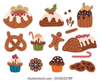 Set of Christmas elements. Christmas baking, in different variations. Cozy home evenings. Homemade baking for Christmas dinner. Flat vector illustrations.