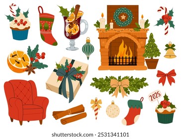 Conjunto de elementos de Natal. Natal assar, guirlanda, meia, presente e outras ilustrações temáticas. Calorosas e acolhedoras lareiras com decoração de férias de inverno. Ilustrações de vetor planas.